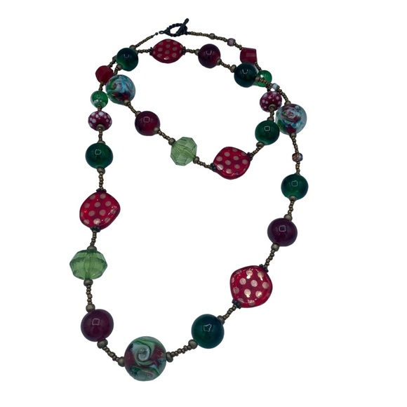 Art necklace multicolour long necklace large beads bronze seed beads whimsical - Picture 6 of 11